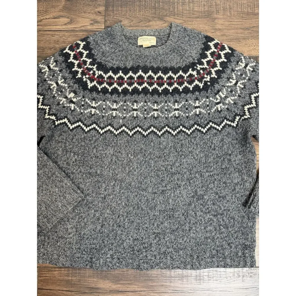 Vintage American Eagle Lambswool Fair Isle Chunky Knit Sweater Nordic Cabin Sz L